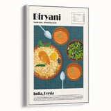 Vintage poster art featuring an array of colorful food dishes on a large framed canvas, ideal for living room decor.