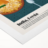 Art deco poster featuring various stylized food dishes in muted colors on rolled canvas, suitable for dining room wall art.