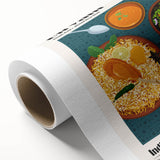 Art deco poster featuring an array of colorful food dishes on a rolled canvas, suitable for dining room decor.