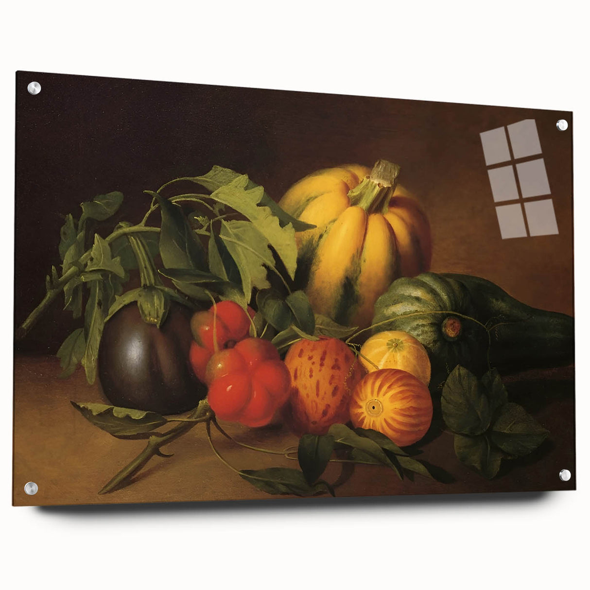 Acrylic glass print of assorted fruits in vivid colors, ideal for dining room decor.