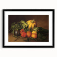 Extra large abstract art print featuring colorful, textured fruits, in a black frame with mat, ideal for living room decor.