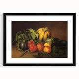 Extra large abstract art print featuring colorful, textured fruits, in a black frame with mat, ideal for living room decor.