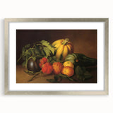Textured abstract art print featuring assorted fruits in muted colors, framed in silver, ideal for kitchen wall decor.