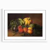 Abstract art print of assorted fruits in vibrant colors on white framed mat, ideal for dining room decor.