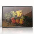 Large abstract wall art featuring assorted fruits in bold colors on a black acrylic framed print, suitable for kitchen decor.