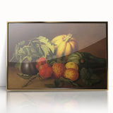 Large art print of assorted fruits in vibrant colors on a gold-framed acrylic, styled in mid-century modernist design.