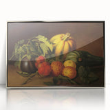 Mid-century modernist art featuring colorful fruits on a silver framed acrylic, ideal for nursery wall art.