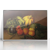 Art deco poster of assorted fruits in vibrant colors on white acrylic, ideal for modern nursery wall decor.