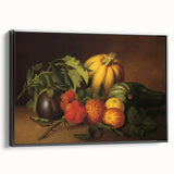 Black and white framed canvas featuring a vintage poster-style landscape of fruit, ideal for bedroom wall decor.