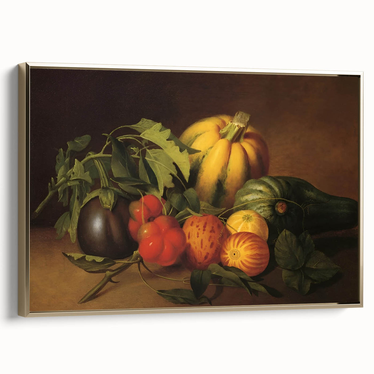 Framed canvas featuring vintage poster art of a landscape with fruits, in gold and black tones, ideal for bedroom decor.