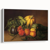 Vintage poster art featuring colorful fruits on a black background, framed canvas, ideal for living room decor.