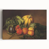 Large black and white canvas featuring a variety of fruits, ideal for kitchen wall art.