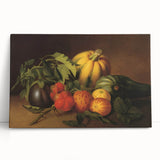 Large black and white stretched canvas featuring assorted fruits, ideal for kitchen wall art.