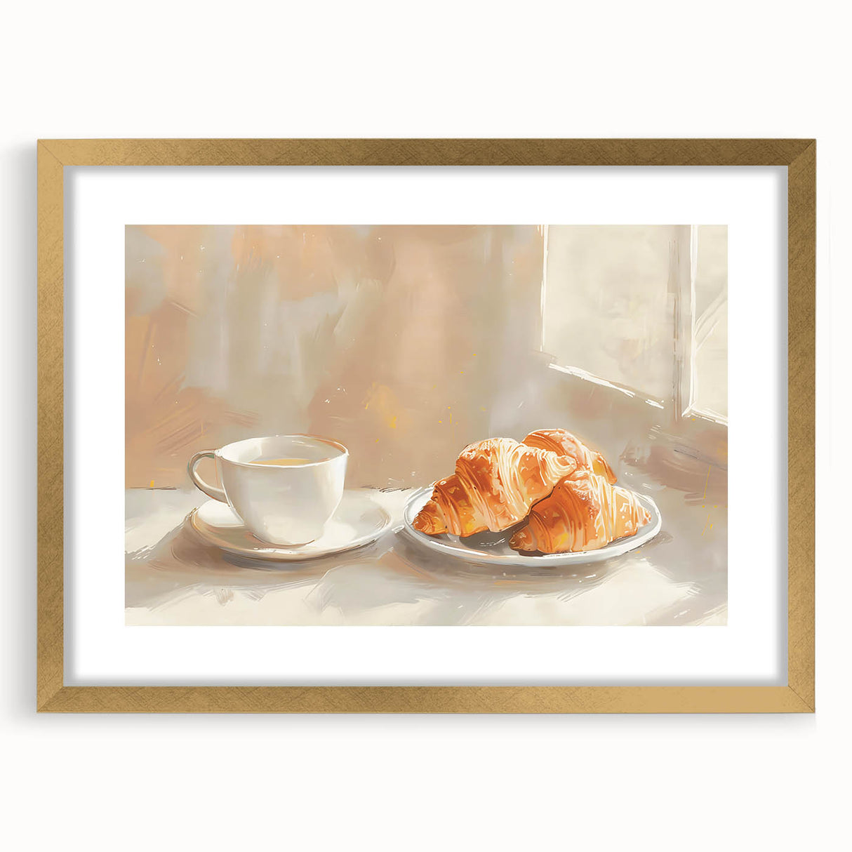 Extra large abstract art print of pastries in muted earth tones, framed in gold, ideal for living room decor.