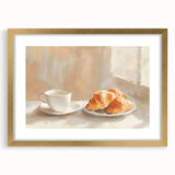 Extra large abstract art print of pastries in muted earth tones, framed in gold, ideal for living room decor.
