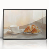 Large abstract wall art featuring an assortment of pastries in muted earth tones, framed in black acrylic.
