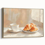 Framed canvas featuring vintage poster art of pastries in gold and black, ideal for bedroom wall decor.