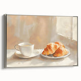 Framed canvas featuring a vintage poster of colorful pastries, in a silver frame, suitable for kitchen wall decor.
