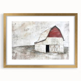 Framed landscape barn wall art with a gold mat showcasing a serene rural scene, perfect for home decor. Ideal for adding rustic charm to living spaces.
