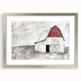 Framed landscape barn wall art in a silver frame with a mat, showcasing rustic charm and natural beauty, perfect for home decor enthusiasts seeking farmhouse style.