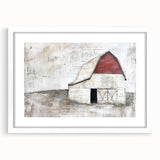 Elegant landscape barn wall art framed with a white mat, showcasing rustic charm and countryside beauty, perfect for home decor enthusiasts seeking farmhouse aesthetics.