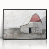 Framed landscape barn wall art featuring a black acrylic frame, showcasing a serene rural scene with vibrant colors, perfect for home décor enhancement.