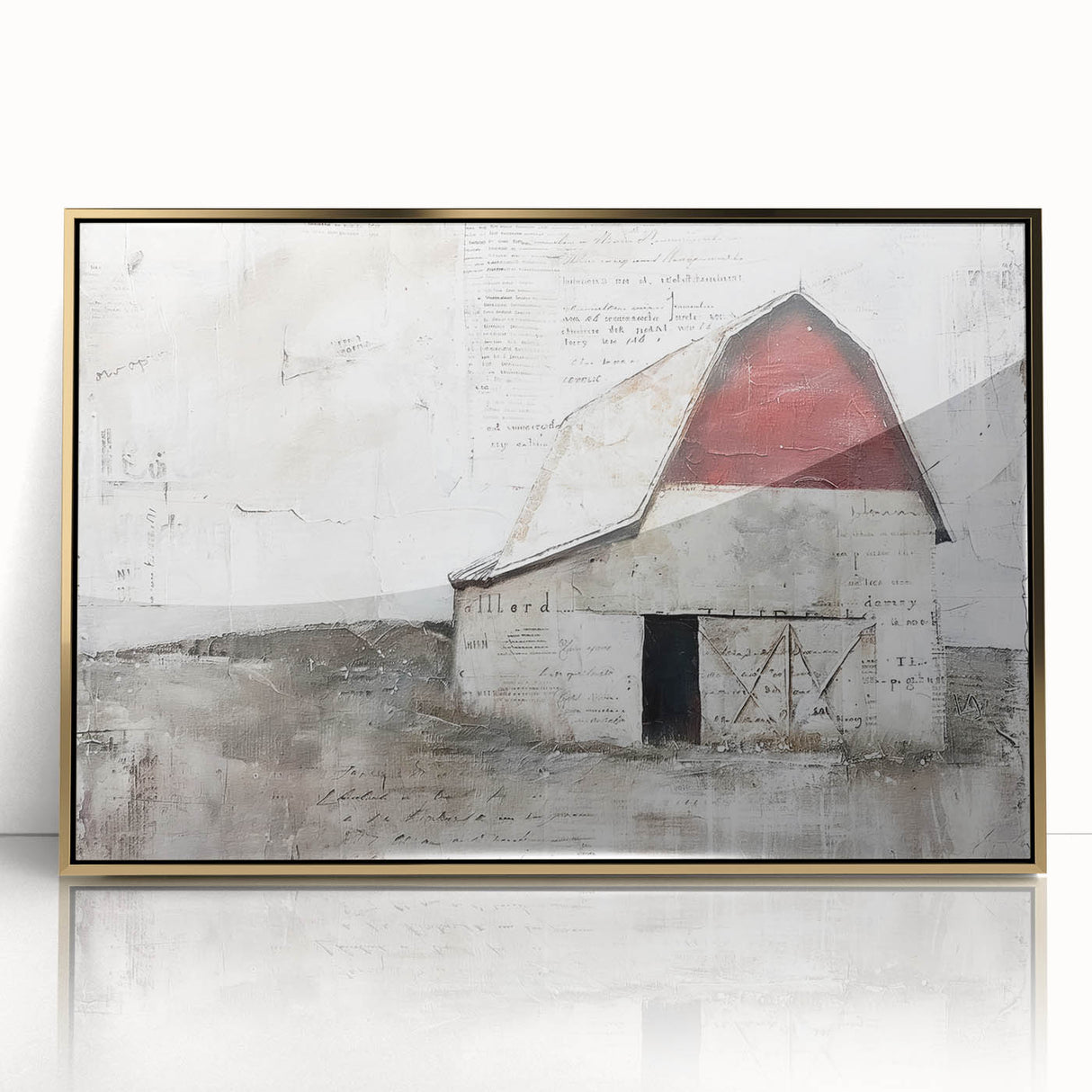 Framed acrylic wall art depicting a serene landscape with a rustic barn surrounded by greenery, highlighted by elegant gold accents, perfect for home decor.