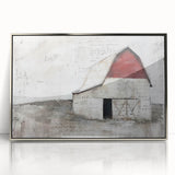 Framed acrylic wall art featuring a serene landscape of a rustic barn under a blue sky, accented with silver framing for a modern touch, ideal for home decor.