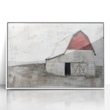 Framed acrylic wall art showcasing a serene landscape with a rustic barn, set against a vibrant sunset, enhancing home decor with a touch of nature.