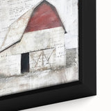 Close-up of a framed canvas wall art depicting a rustic barn landscape, showcasing vibrant colors and intricate details, perfect for farmhouse decor. Ideal for enhancing country-style interiors and adding a cozy ambiance to living spaces.