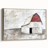 Framed canvas wall art showcasing a scenic landscape with a charming barn, featuring a gold frame and side profile view, perfect for rustic home decor.