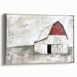 Framed landscape barn wall art with a silver border, showcasing a serene rural scene, perfect for farmhouse decor. High-quality canvas adds elegance to any interior.