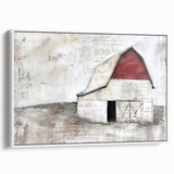 Framed landscape barn wall art in a white frame showcasing a serene rural scene, ideal for home decor enthusiasts seeking rustic charm. The canvas captures the essence of country life with vibrant colors and detailed textures, perfect for enhancing living spaces.