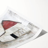 Rolled print of rustic barn landscape wall art showcasing vibrant colors and detailed textures, ideal for home decor. Packaged securely in a cardboard tube for safe shipping.