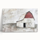 Rustic barn landscape wall art on a stretched canvas, showcasing warm earth tones and detailed textures, perfect for enhancing farmhouse decor and creating a cozy atmosphere.