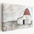 Stretched canvas wall art showcasing a vibrant landscape design with a rustic barn, perfect for farmhouse decor. Side view highlights its textured finish and deep edges, ideal for enhancing home aesthetics.