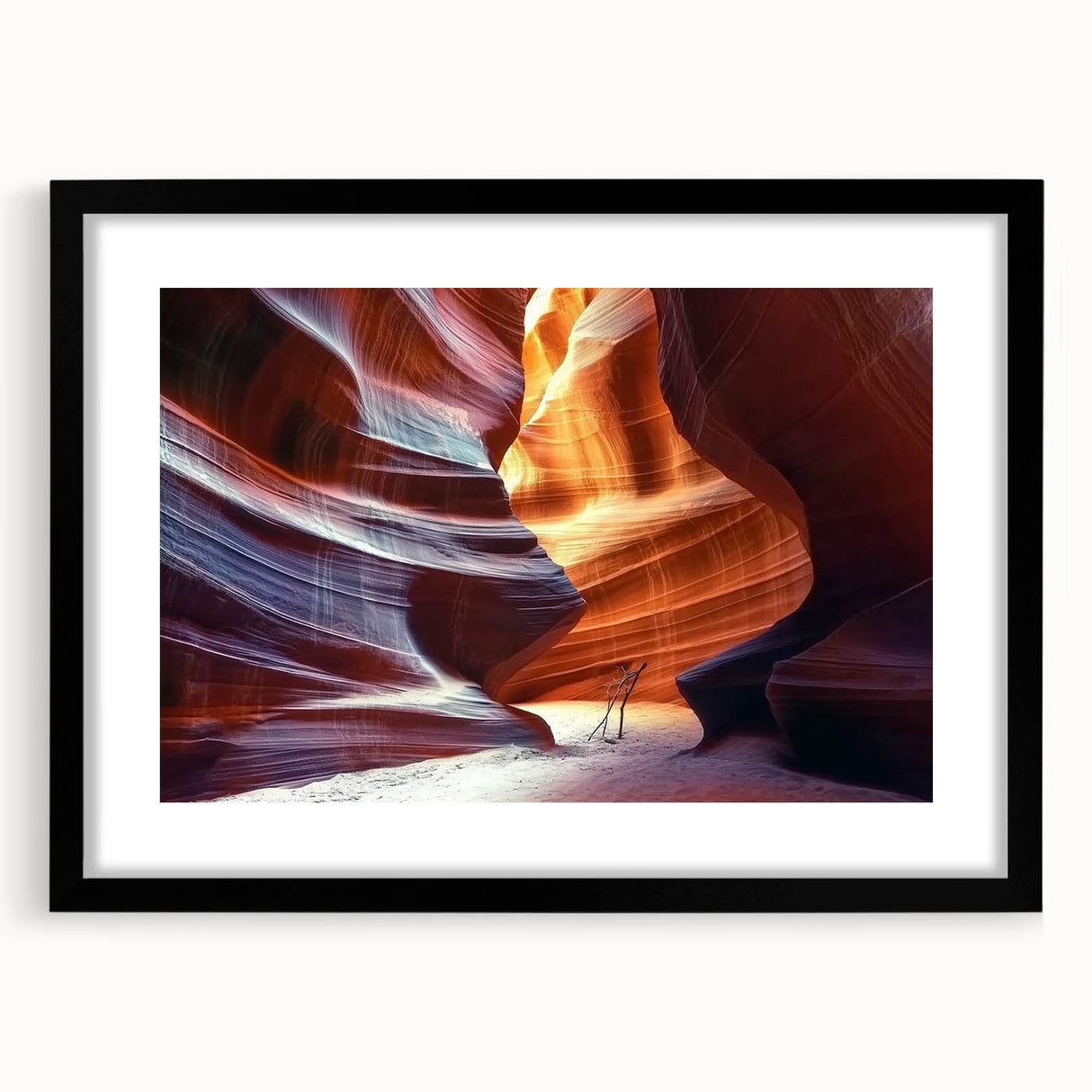 Framed landscape art print showcasing majestic canyons in rich earthy tones, elegantly matted in black, perfect for enhancing home decor and adding a natural touch.