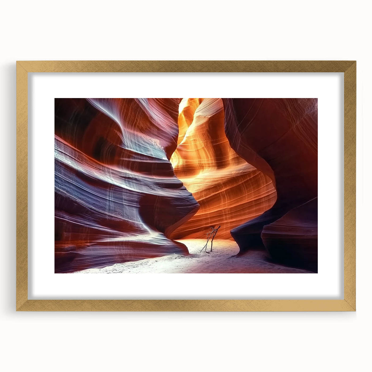 Landscape canyon artwork framed in elegant gold with a white mat, showcasing intricate details and vibrant colors, perfect for home decor.