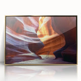 Framed acrylic artwork depicting a vibrant landscape of canyons with rich gold accents, ideal for modern home decor and adding elegance to any room.