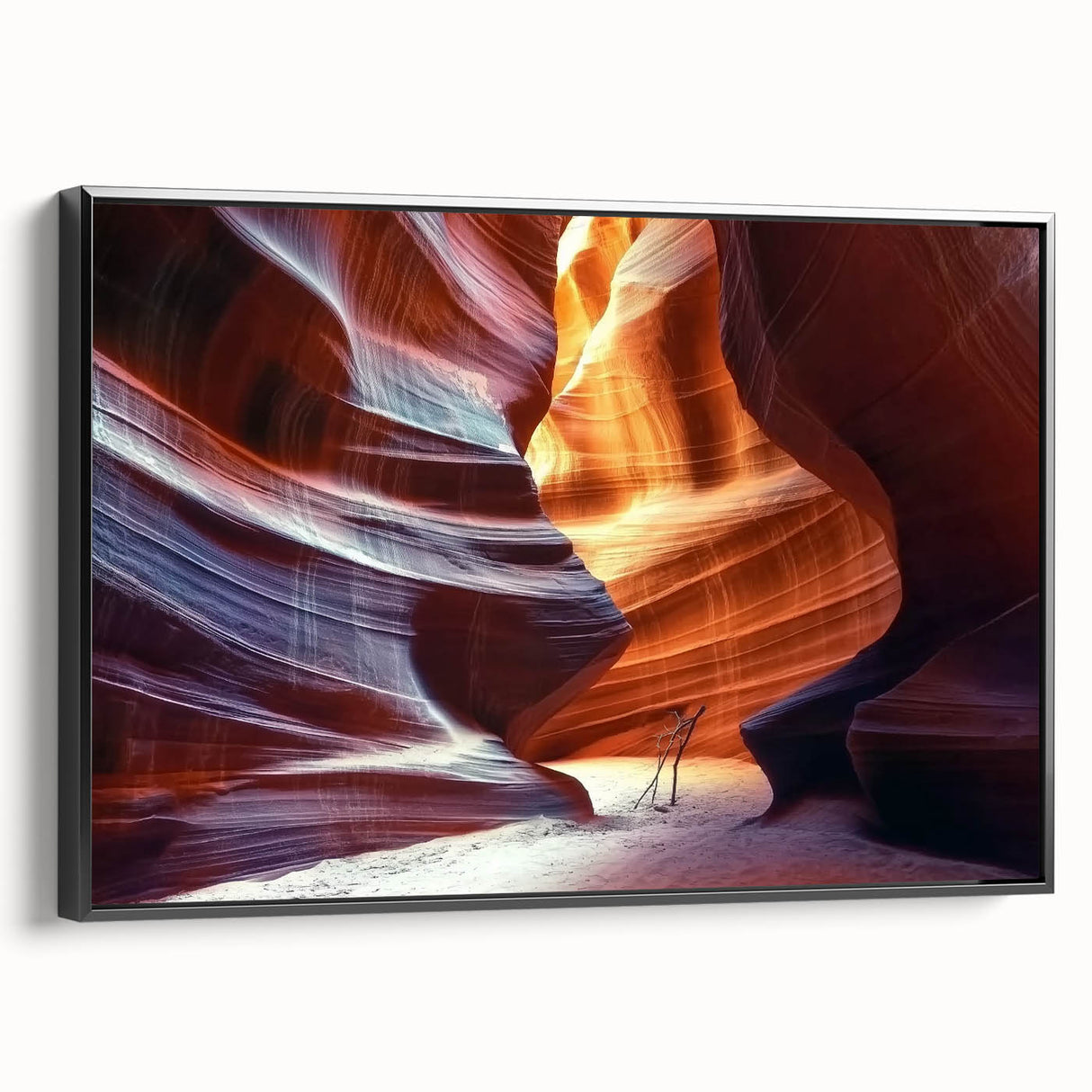 Framed canvas artwork depicting a serene landscape of canyons in rich earth tones, with a black frame enhancing its aesthetic appeal, perfect for home decor.