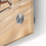 Close-up of a vibrant acrylic glass landscape artwork depicting a desert scene, showcasing warm colors and intricate details, ideal for home decor or art enthusiasts.