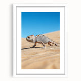 Desert landscape framed artwork with a white mat, showcasing warm hues of orange and brown, ideal for modern home decor. Perfect for adding a serene touch to living spaces.