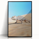 Framed acrylic artwork showcasing a vibrant desert landscape with striking colors and intricate details, set against a sleek black frame, ideal for modern decor.