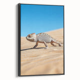 Framed canvas artwork depicting a stunning desert landscape with warm colors and intricate details, showcased in a sleek black frame, perfect for enhancing contemporary home decor.