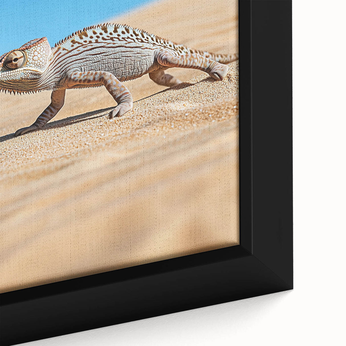 Vibrant desert landscape framed canvas print showcasing warm hues of orange and yellow, highlighting intricate details of cacti and mountains, perfect for modern decor.