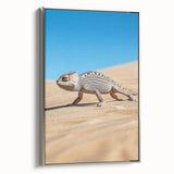 Framed canvas of a desert landscape artwork showcasing vibrant colors and intricate details, presented with a sleek silver frame, enhancing any modern decor.