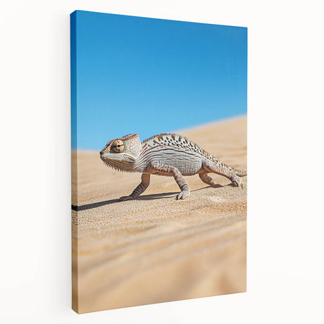 Stretched canvas artwork depicting a vibrant desert landscape, showcasing warm hues of orange and yellow with a textured finish, perfect for home decor.
