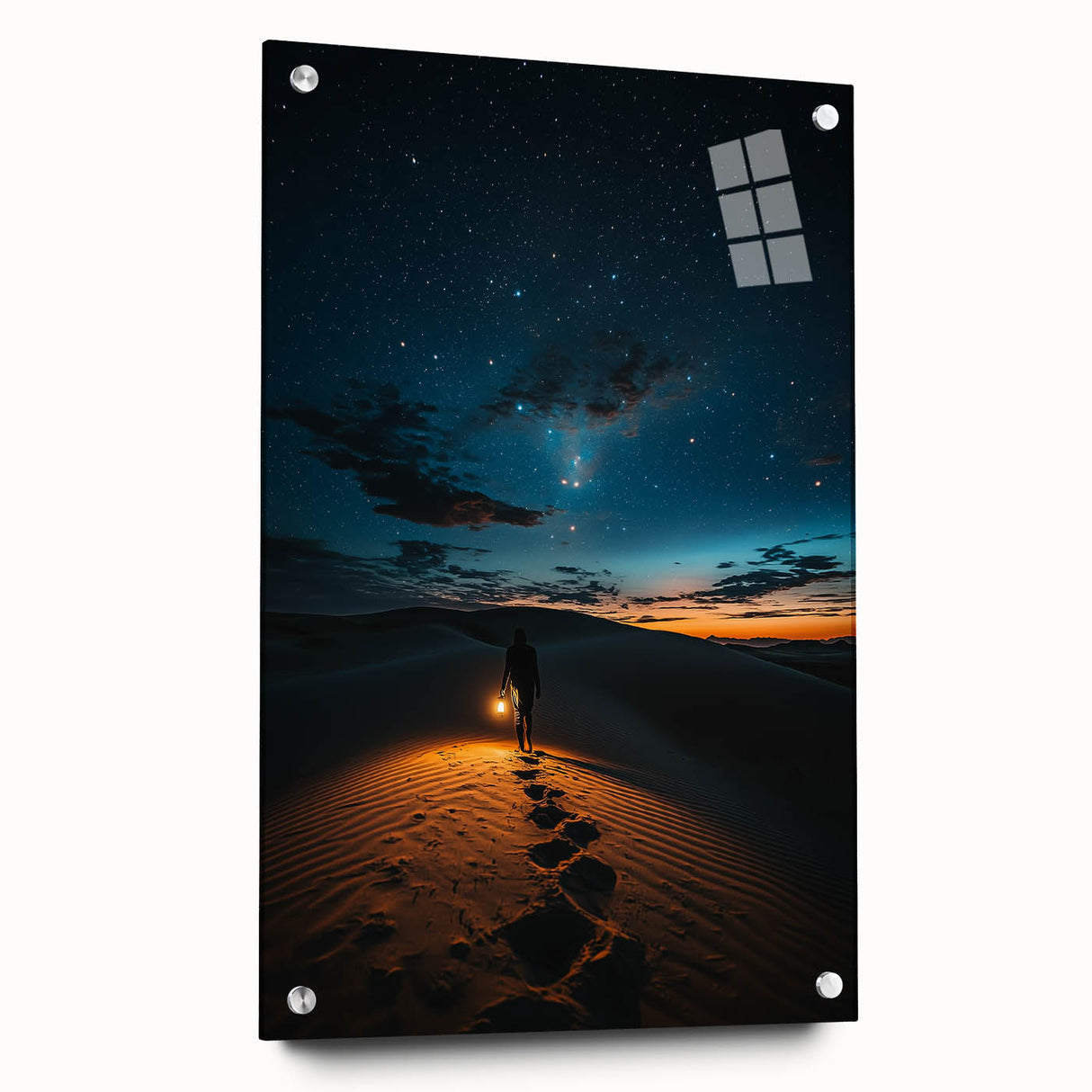 Acrylic glass artwork titled "Dunes," showcasing a stunning landscape with vibrant sand dunes in warm tones. Side view highlights the artwork's depth and pins for display.