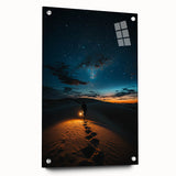 Acrylic glass artwork titled "Dunes," showcasing a stunning landscape with vibrant sand dunes in warm tones. Side view highlights the artwork's depth and pins for display.