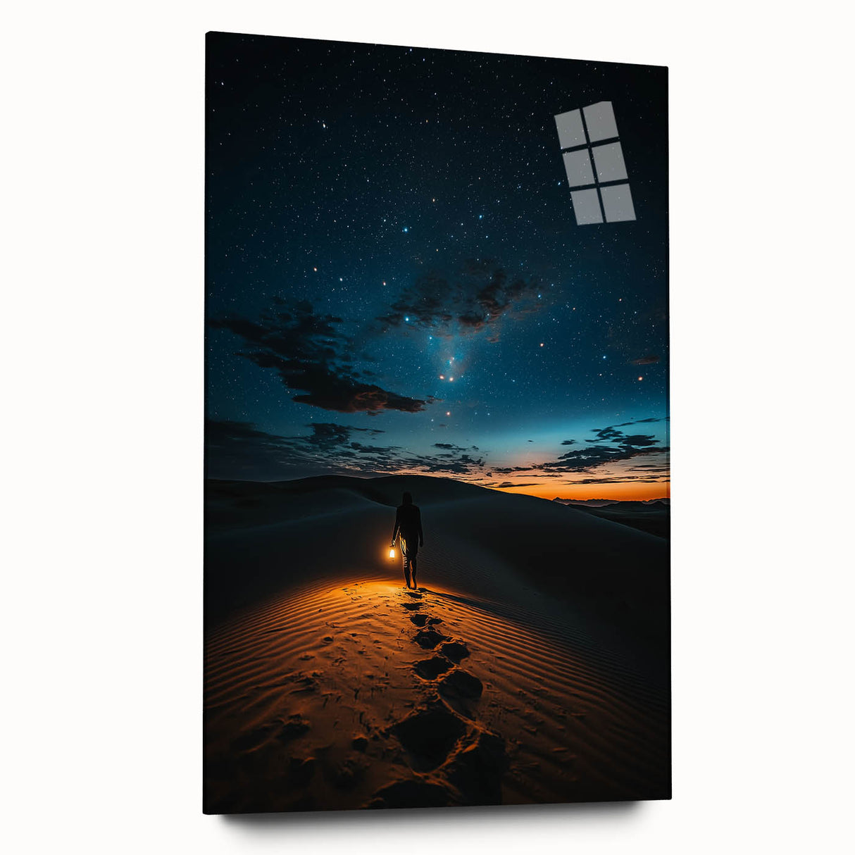 Acrylic glass artwork showcasing a stunning landscape of dunes, capturing vibrant colors and intricate details from a side view, perfect for modern decor.